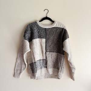 Vintage Old Glory Grey + Cream Colorblock Cable Knit Wool Blend Sweater - XL